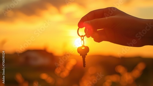 Close-up of a hand holding a key with a warm sunset backdrop, symbolizing new beginnings or opportunities