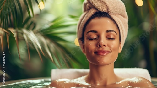 Serene young woman with a towel on her head enjoying a luxurious spa treatment surrounded by tropical plants photo
