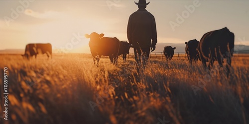 At Sunset, Man and Cattle Share a Peaceful Moment in a Farm Field, Embracing the Tranquil Beauty of Rural Life, Generative AI photo