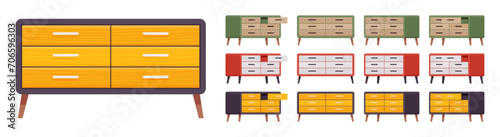 Drawer chest, dresser, nightstand storage bedroom big set. Closet, living room, entry table item for organizing. Vector flat style cartoon home, office furniture objects isolated on white background