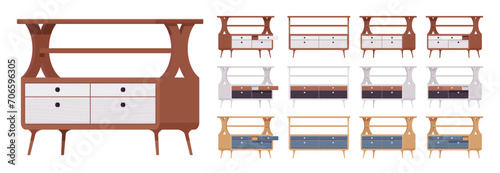 Drawer small nightstand with open shelf, flat tabletop big set. Bedroom, entryway table, display for lamp, photos. Vector flat style cartoon home, office furniture objects isolated on white background