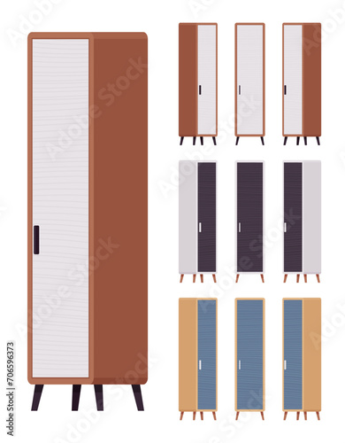 Storage closet, slim narrow linen one door cabinet big set. Wooden living room organizer, bedroom interior item. Vector flat style cartoon home, office furniture objects isolated on white background