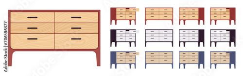 Drawer chest, dresser, nightstand storage bedroom big set. Closet, living room, entry table item for organizing. Vector flat style cartoon home, office furniture objects isolated on white background