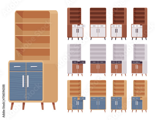 Cupboard big set, storage kitchen pantry, cabinet or buffet. Functional and attractive open shelf with drawer. Vector flat style cartoon home, office furniture objects isolated on white background