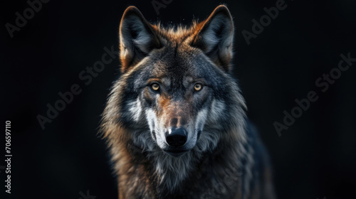 Portrait of adult wolf on black background © AdamantiumStock