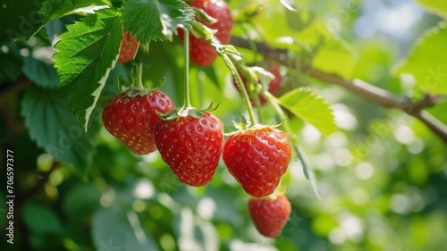 Sunlit Strawberry Patch in Full Bloom. Generative AI.