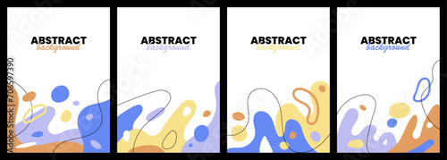 Hand drawn abstract colorful background set. Modern cards with creative trendy fluid shapes, doodle organic elements. Contemporary minimalist covers. Colored flat vector illustrations.