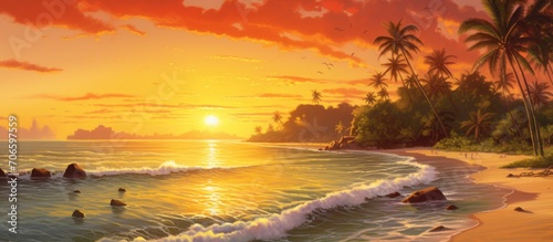 Panoramic tropical beach landscape with calm, golden sunset.