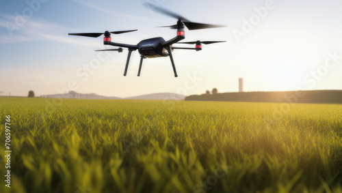  Drone at the farm , Close up photo of two Professional Remote Control Air Drones with action cameras flying in dramatic sunset sky,Modern technologies. Travel, hobby, inspiration, Pastel orange tonin