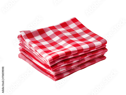 a stack of red and white checkered napkins