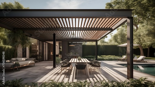 Modern patio furniture includes a pergola shade structure, an awning, a patio roof, a dining table, seats, and a metal grill.