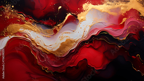 Crimson Paint Swirls with Gold Glitter. Contemporary Design