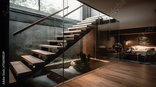a contemporary interior design element featuring glass fencing and wooden stairs.