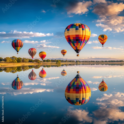 Fotografia con detalle de paisaje natural con globos aerostaticos reflejados en un lago de aguas tranquilas photo