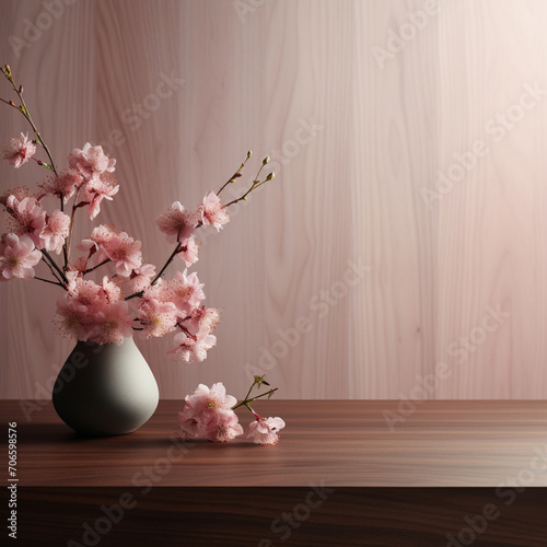Fotografia con detalle de superficies de madera con pequeños jarron y flores de tonos rosados photo