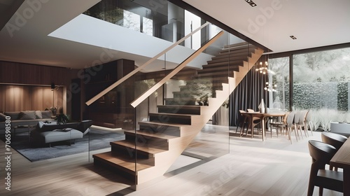 a contemporary interior design element featuring glass fencing and wooden stairs. © common