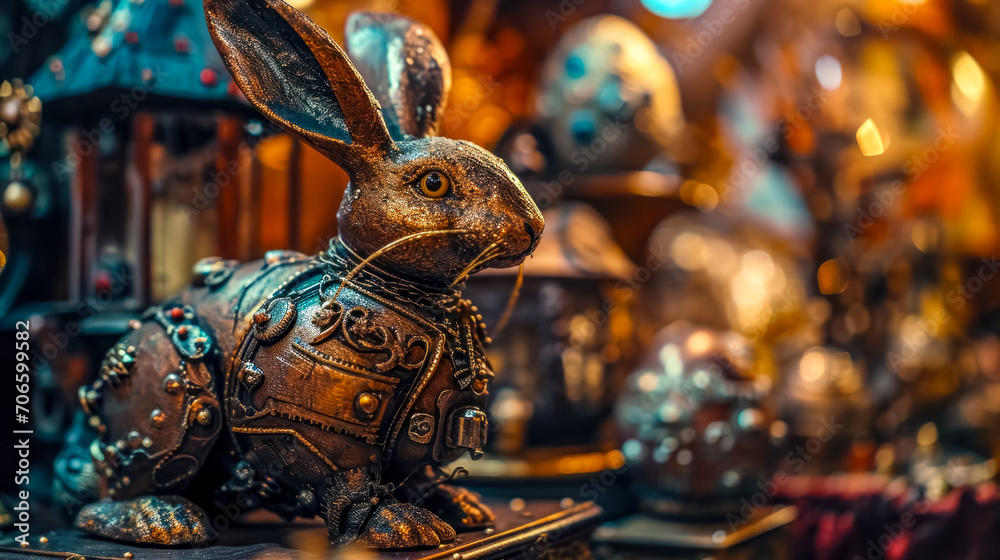 Easter, Steampunk-style mechanical rabbit with intricate metal details and gears. - obrazy, fototapety, plakaty 