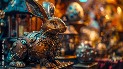 Easter, Steampunk-style mechanical rabbit with intricate metal details and gears.
