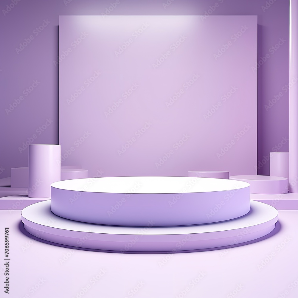 Abstract lavender 3D room with set of realistic purple, white cylinder pedestal podium. Minimal scene for product display presentation. Geometric forms design. Round stage for showcase. Generative Ai Abstract lavender 3D room with set of realistic purple, white cylinder pedestal podium. Minimal scene for product display presentation. Geometric forms design. Round stage for showcase. Generative Ai
