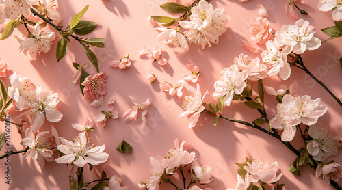 Flowers on a peach background. Spring floral flat lay background