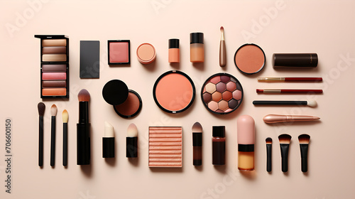 A still life photography of set of makeup products photo