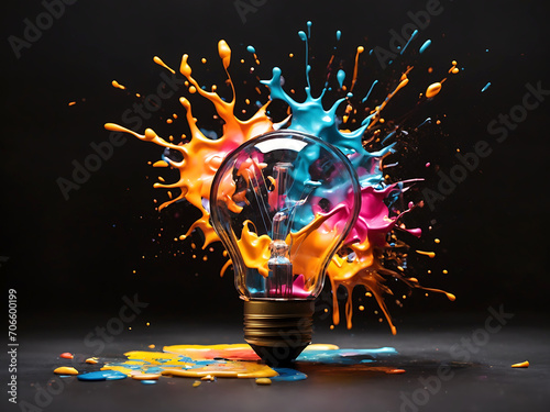 Creative light bulb explodes with colorful paint and splashes on a light gradient background.