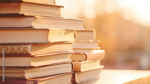 Chaotic stacks of old books in a library on a sunny day