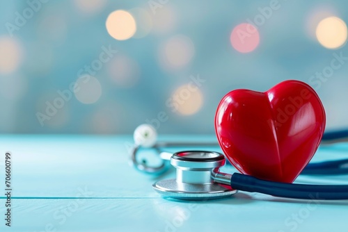 Heart and stethoscope on bright background with copy space