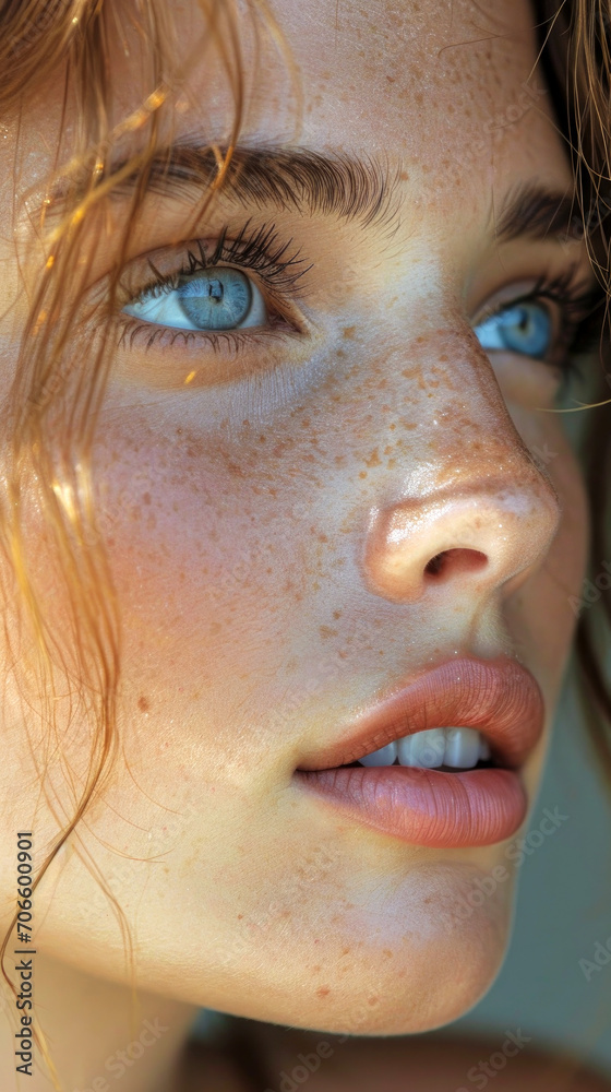 close-up portrait of a beautiful girl with freckles