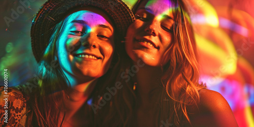  Two women lesbian couple smile with happiness on bokeh background. LGBTQ rainbow pride month. Two young women hugging. Young men romantic family in love. Happiness love dating concept