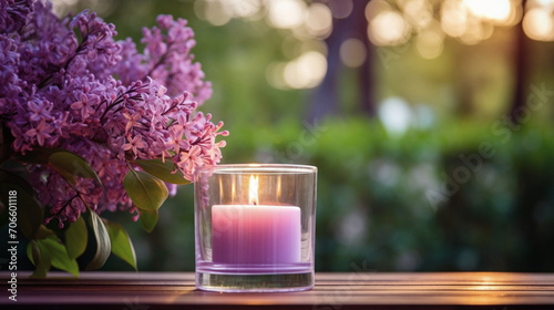 A burning candle and lilac flowers against the background of a garden. Banner with copy space