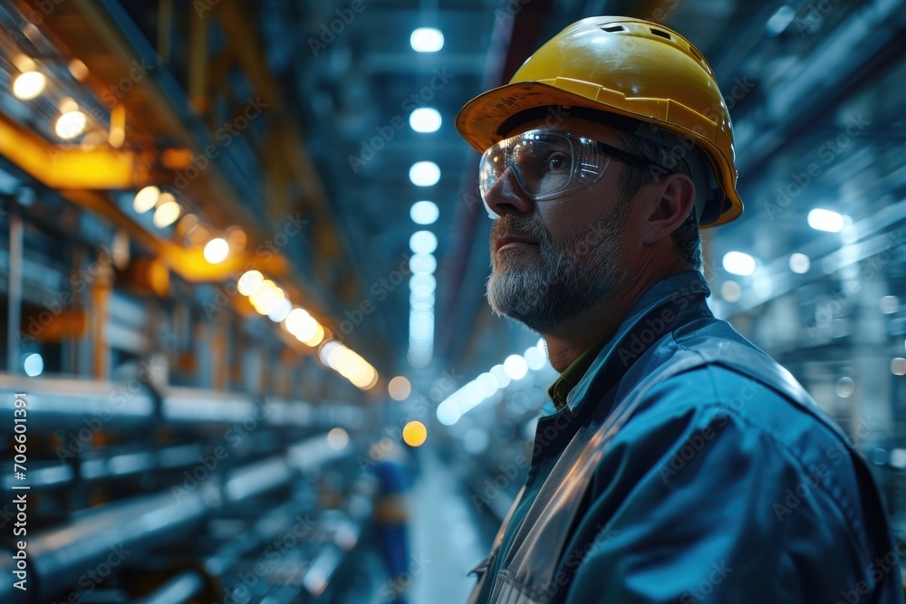 Dedicated worker in safety gear observes industrial environment during daytime operations in a modern manufacturing facility with advanced machinery Dedicated worker in safety gear observes industrial environment during daytime operations in a modern manufacturing facility with advanced machinery
