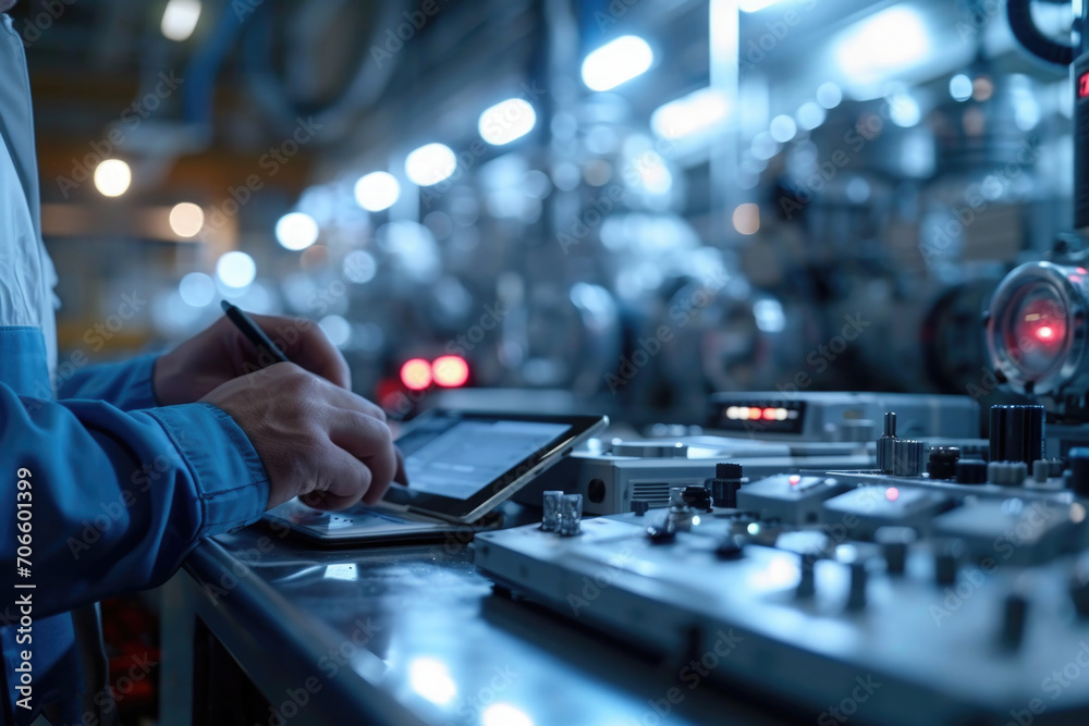 Engineer monitoring equipment and data on tablet in industrial environment during nighttime in a control room Engineer monitoring equipment and data on tablet in industrial environment during nighttime in a control room