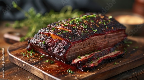smoked brisket with a flame-kissed edge, adorned with fresh herbs, under the beautiful sunlight of a serene country setting