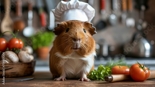 A cute portrait of a guinea pig wearing a chef's hat and apron, in a studio kitchen setting, complete with miniature cooking utensils