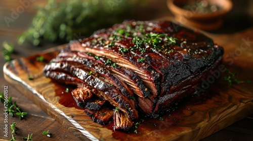 smoked brisket with a flame-kissed edge, adorned with fresh herbs, under the beautiful sunlight of a serene country setting photo