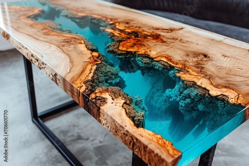 Scandinavian solid wood dining table with epoxy resin top photo
