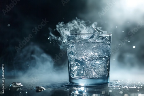 A foggy glass of tonic water with ice cubes flies upward on bright background with copy space