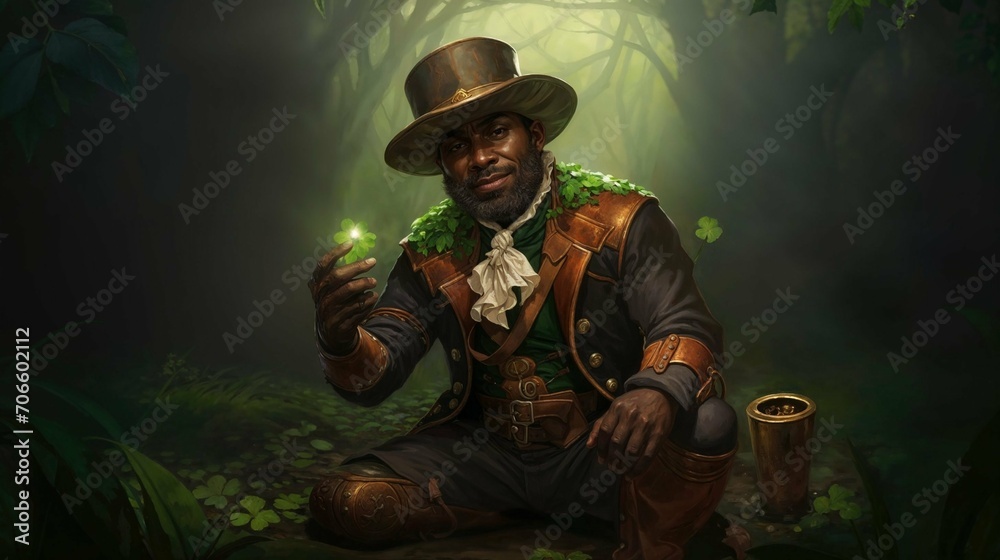 A leprechaun holds a magical glowing clover. A leprechaun hides his treasure in the forest