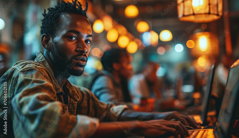 Young man focused on computer work in a cozy café with warm lighting during evening hours, surrounded by people engaged in conversations Young man focused on computer work in a cozy café with warm lighting during evening hours, surrounded by people engaged in conversations