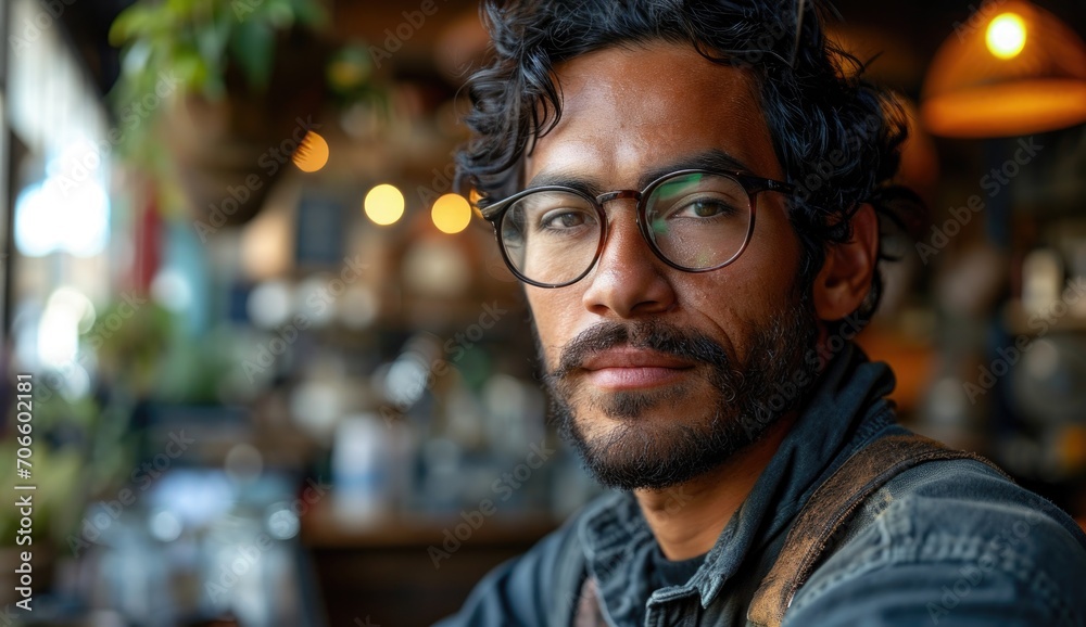 Man with curly hair and glasses sits at a cozy cafe table with warm lighting and a rustic ambiance, engaged in thoughtful contemplation in an urban setting Man with curly hair and glasses sits at a cozy cafe table with warm lighting and a rustic ambiance, engaged in thoughtful contemplation in an urban setting