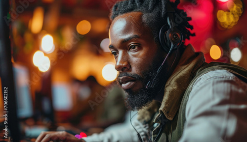 Portrait of customer service man working on computer in call center