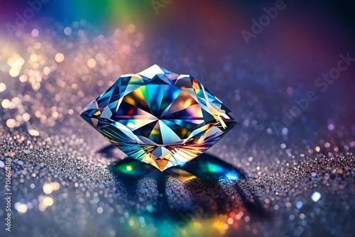 A sparkling diamond with facets reflecting rainbow hues under soft lighting.