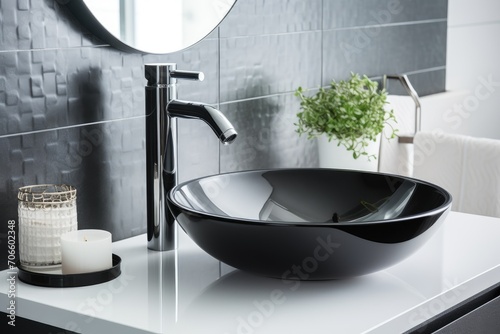 Black ceramic round sink and chrome faucets in the bathroom. Minimalist modern bathroom interior design.