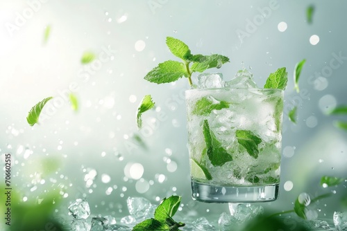 A foggy glass of mojito with ice cubes and mint leaves flies upward on bright background with copy space