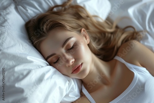 Young attractive woman sleeping in the bedroom, relaxing with eyes closed