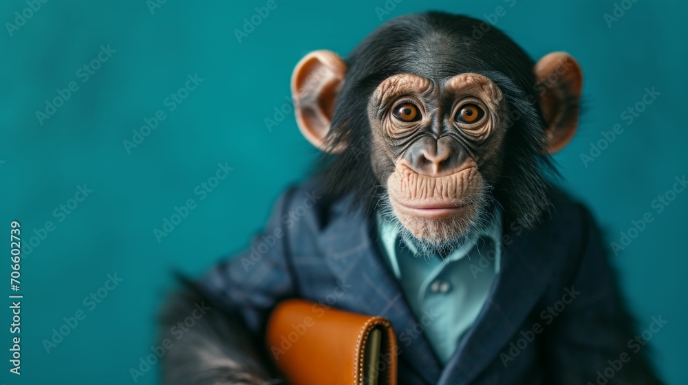 A humorous portrait of a monkey dressed in a business suit, holding a briefcase