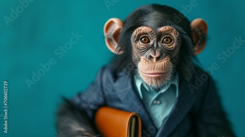 A humorous portrait of a monkey dressed in a business suit, holding a briefcase photo