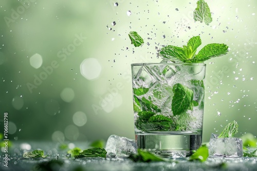 A foggy glass of mojito with ice cubes and mint leaves flies upward on bright background with copy space photo