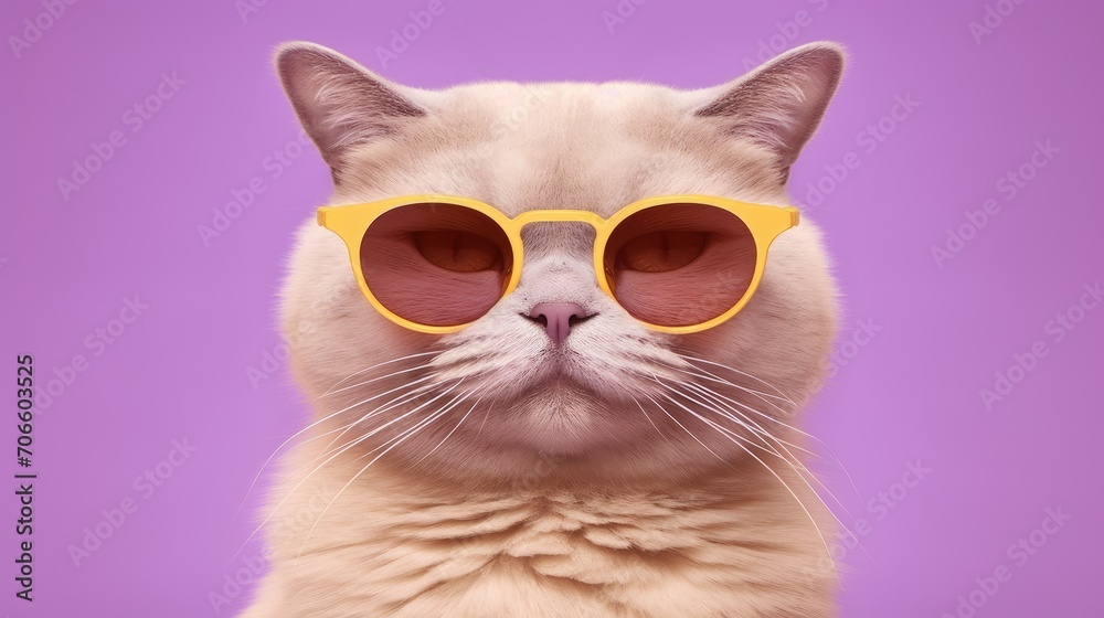 Stylish cat posing in sunglasses. Close portrait of furry kitty in fashion style. Illustration for cover, card, postcard, interior design, banner, poster, brochure or presentation. Stylish cat posing in sunglasses. Close portrait of furry kitty in fashion style. Illustration for cover, card, postcard, interior design, banner, poster, brochure or presentation.